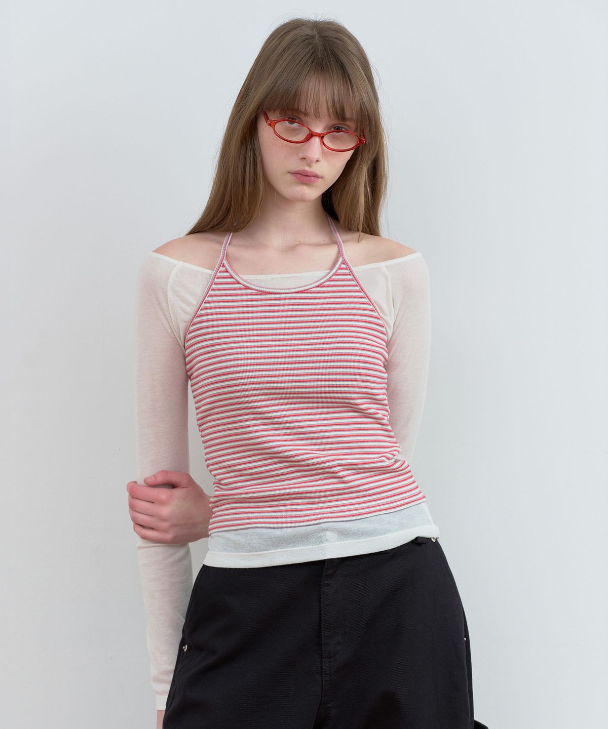 로라로라(ROLAROLA) STRIPE HALTER NECK TOP RED