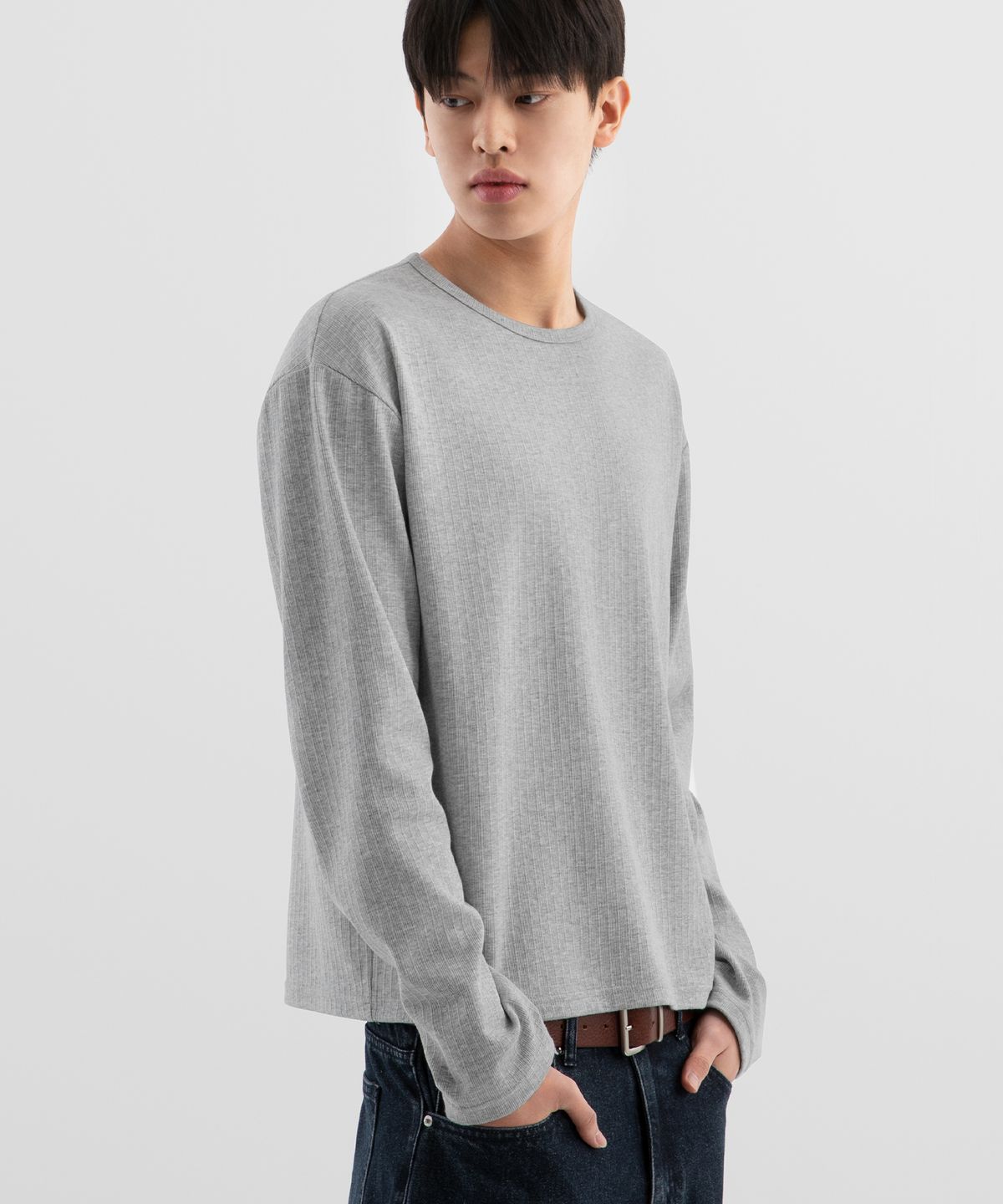 브렌슨(BRENSON) 리브드 크롭 라운드넥 롱슬리브  ( 4Color )