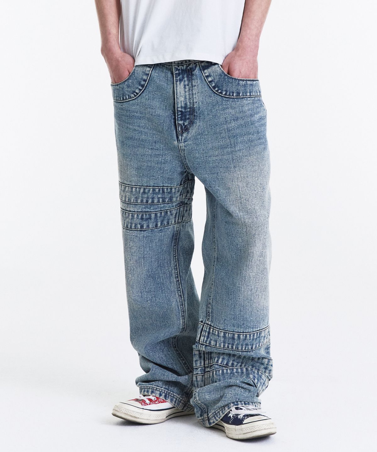 기철(KICHUL) Wrap Tape Straight Denim Pants (Washed Blue)