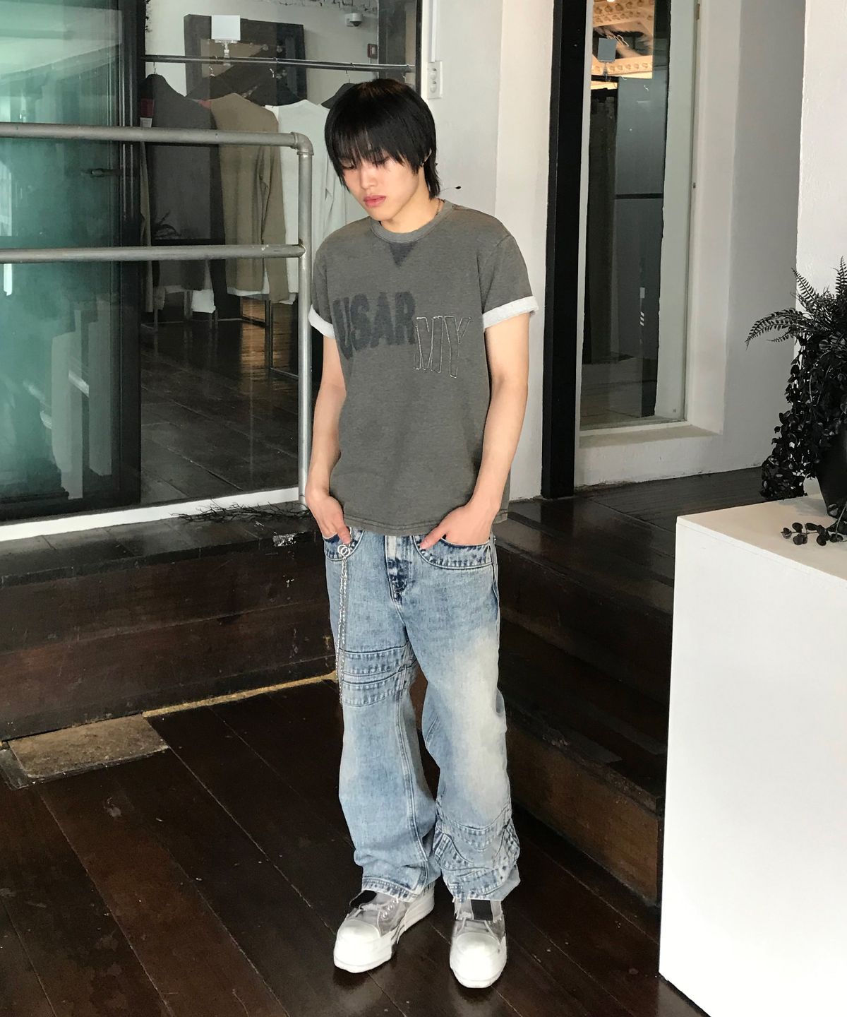 기철(KICHUL) Wrap Tape Straight Denim Pants (Washed Blue)