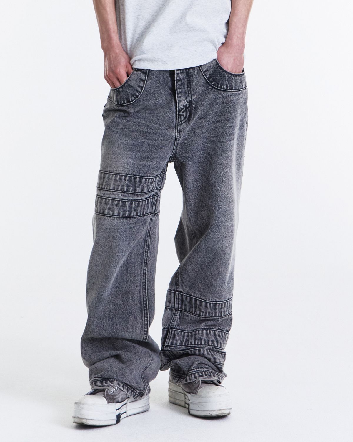 기철(KICHUL) Wrap Tape Straight Denim Pants (Stone Grey)