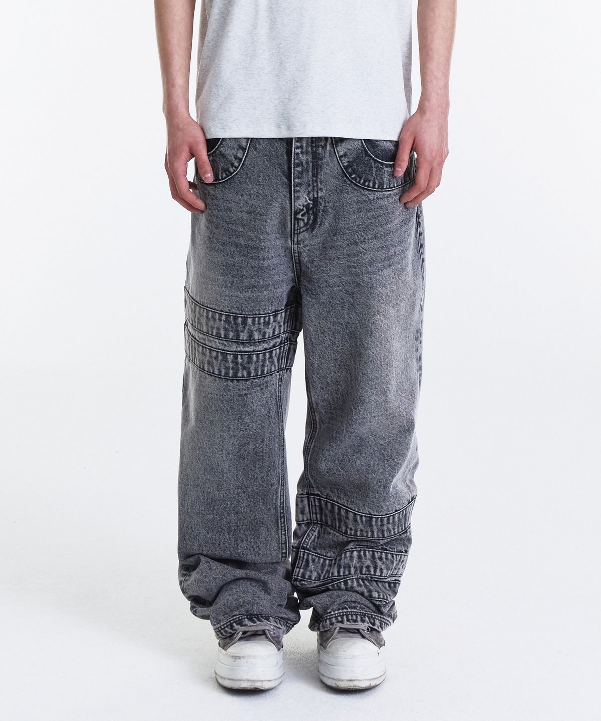 기철(KICHUL) Wrap Tape Straight Denim Pants (Stone Grey)