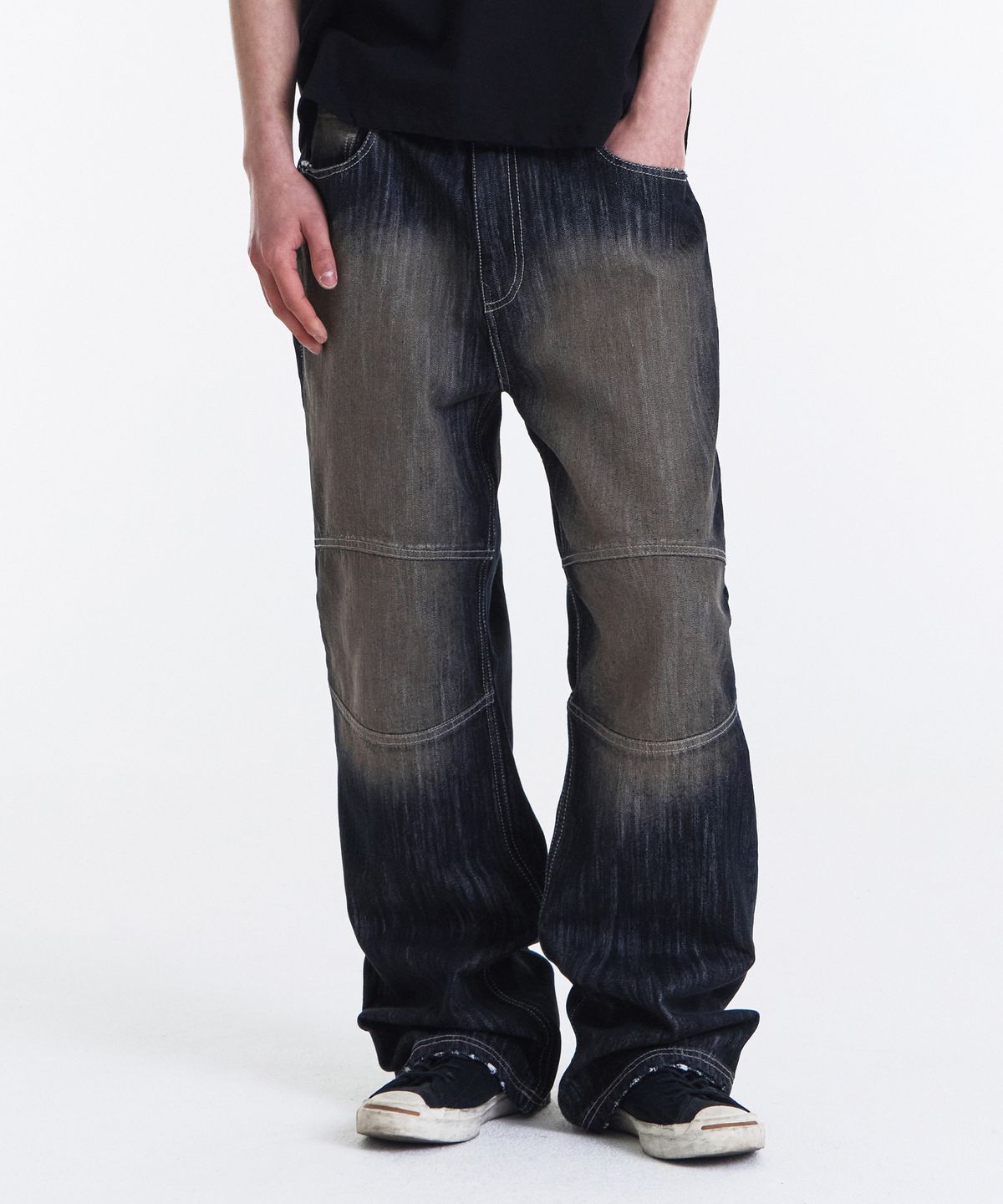 기철(KICHUL) Slub Biker Straight Denim Pants (Black)