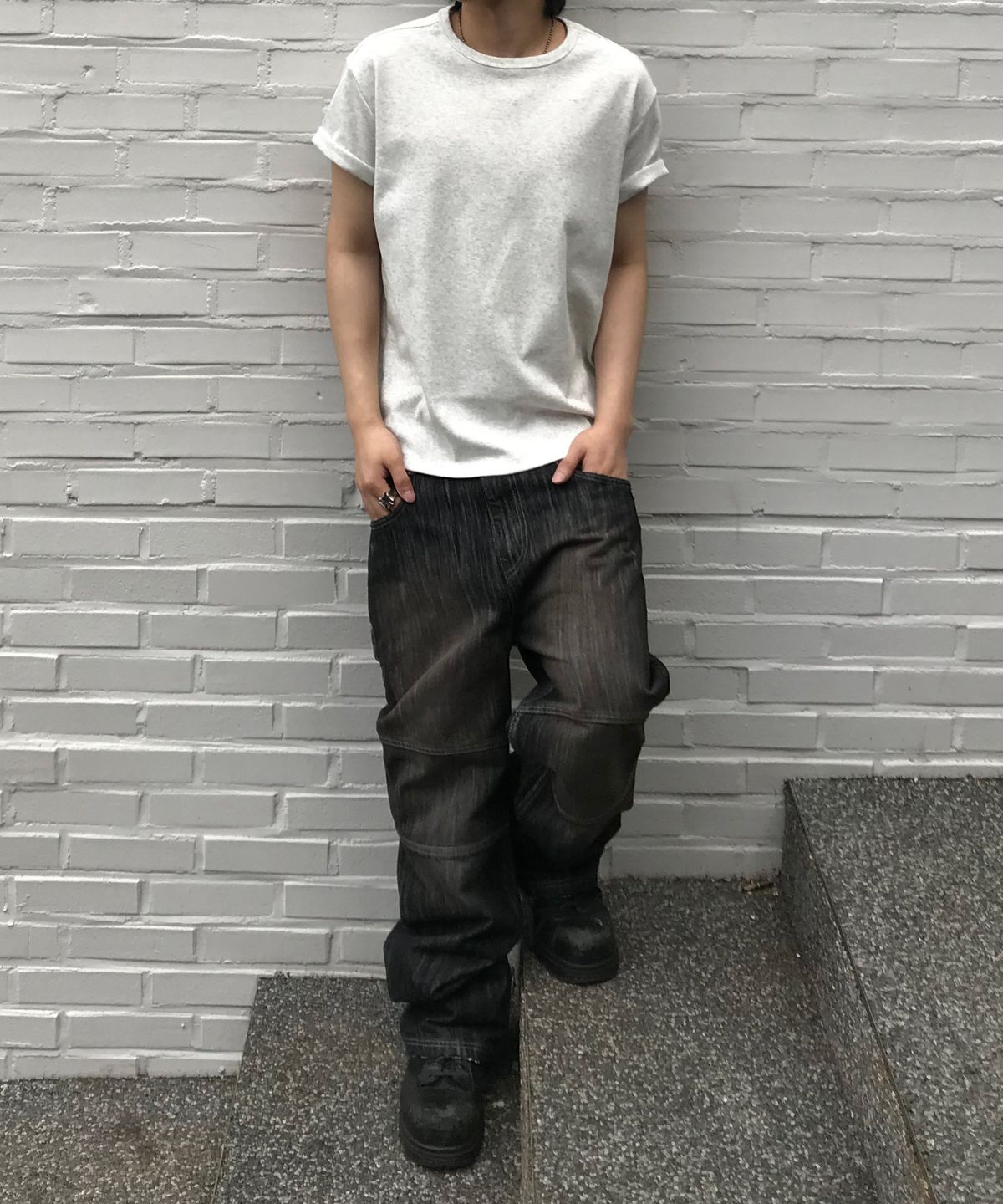 기철(KICHUL) Slub Biker Straight Denim Pants (Black)