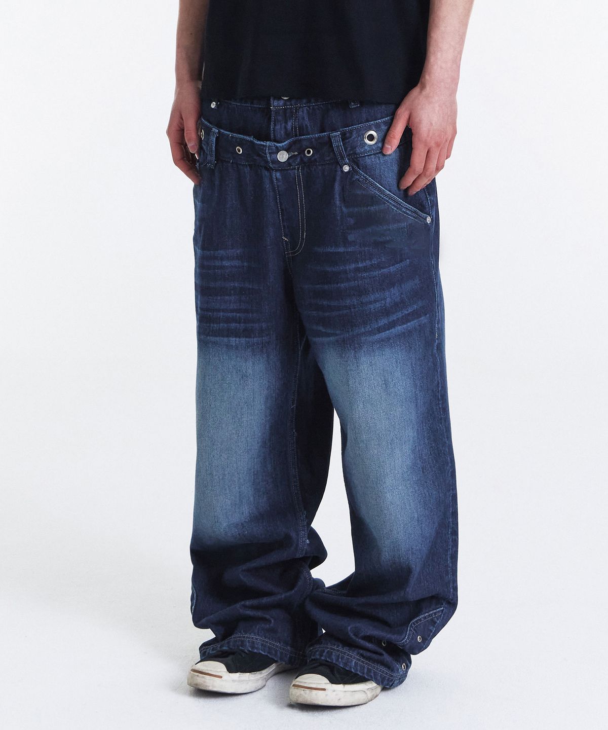 기철(KICHUL) Layered Eyelet Wide Denim Pants (Indigo)