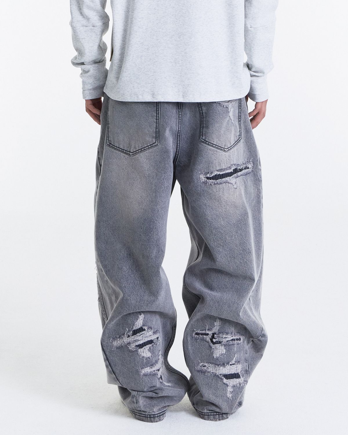 기철(KICHUL) Square Patch Cut Wide Denim Pants (Light Grey)
