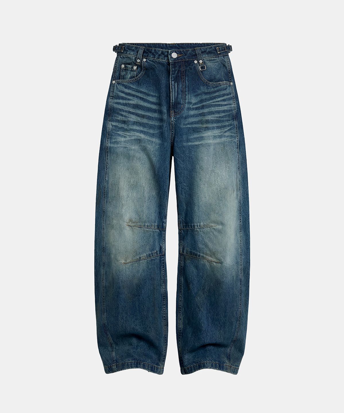 배드블러드(BADBLOOD) Star-Studded Barrel Jeans - Mid Blue