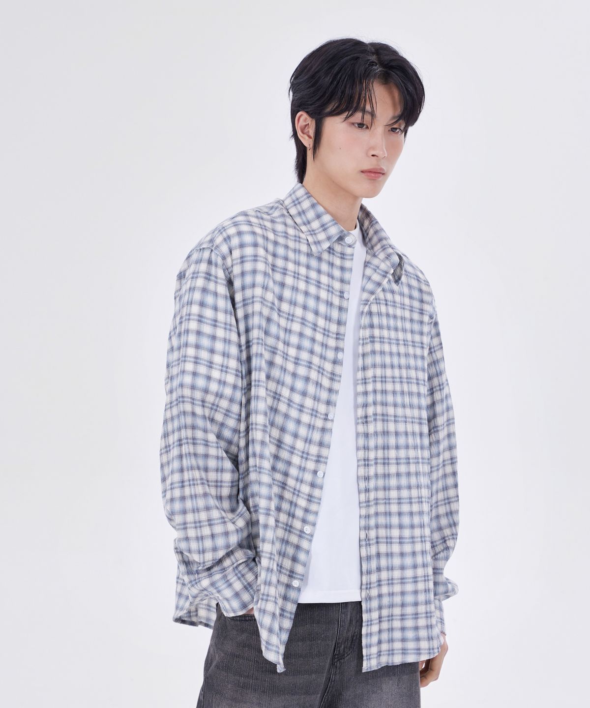 굿라이프웍스(GLW) 이지 오버핏 체크 셔츠 블루