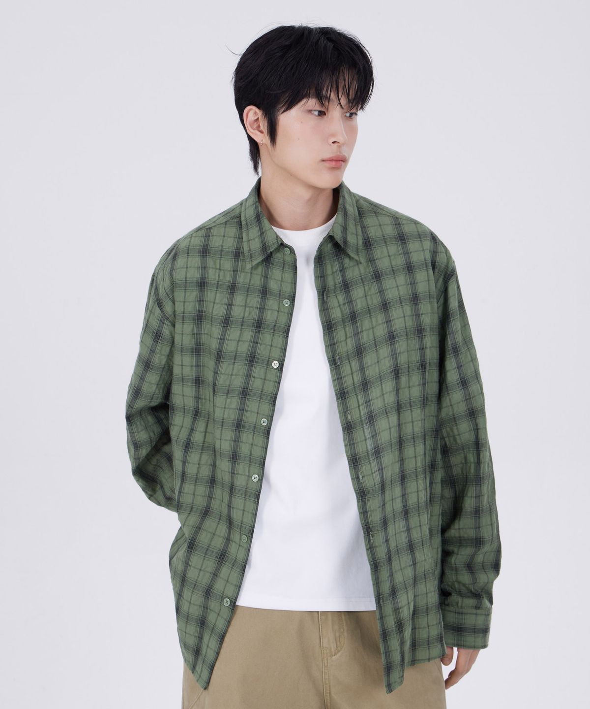 굿라이프웍스(GLW) 링클 플래드 체크 셔츠 그린