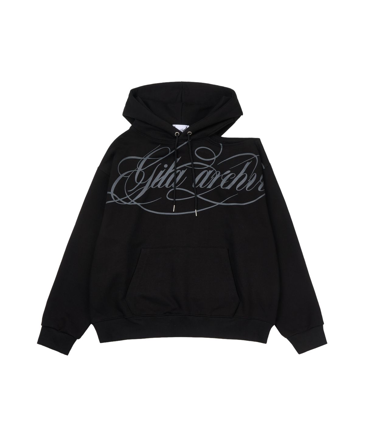 길라아카이브(GILAARCHIVE) SCRIPT LETTERING ONE SHOULDER HOODED_BLACK