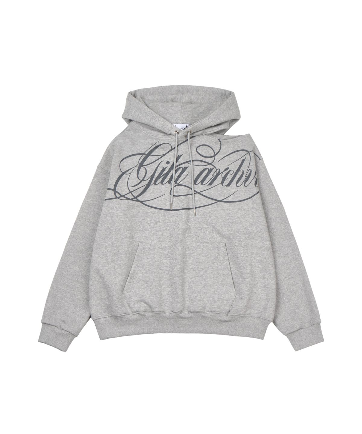 길라아카이브(GILAARCHIVE) SCRIPT LETTERING ONE SHOULDER HOODED_GREY