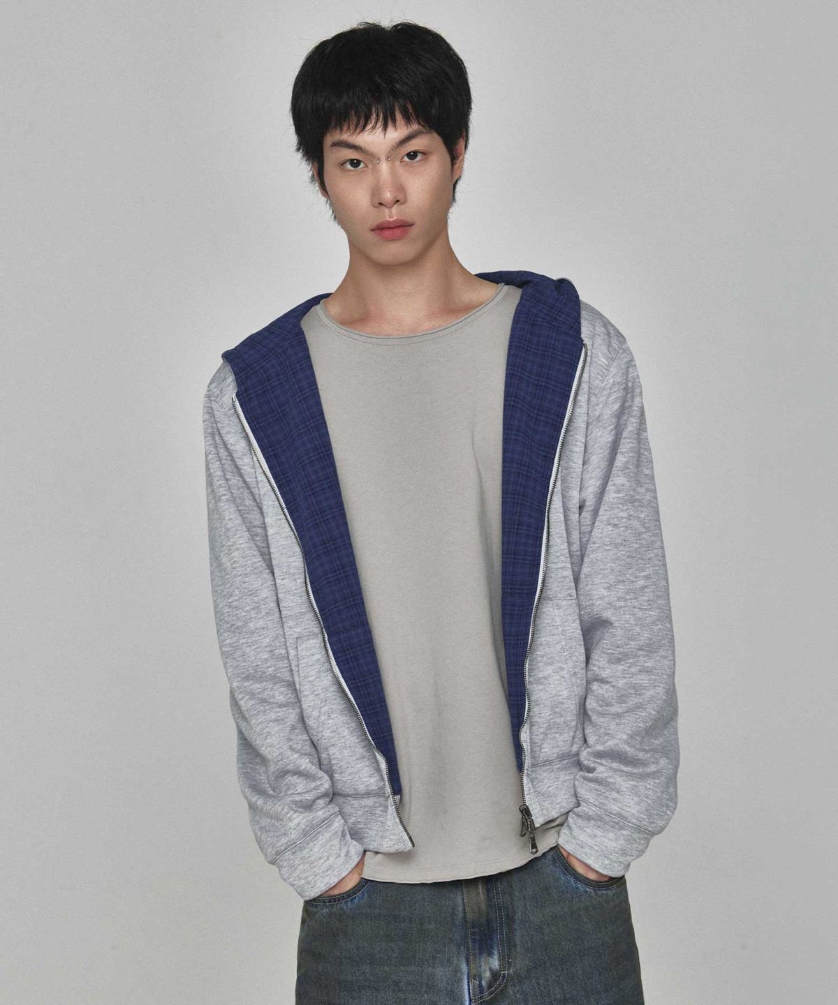 기철(KICHUL) Hidden Check Reversible Hooded Jacket (Melange Grey)