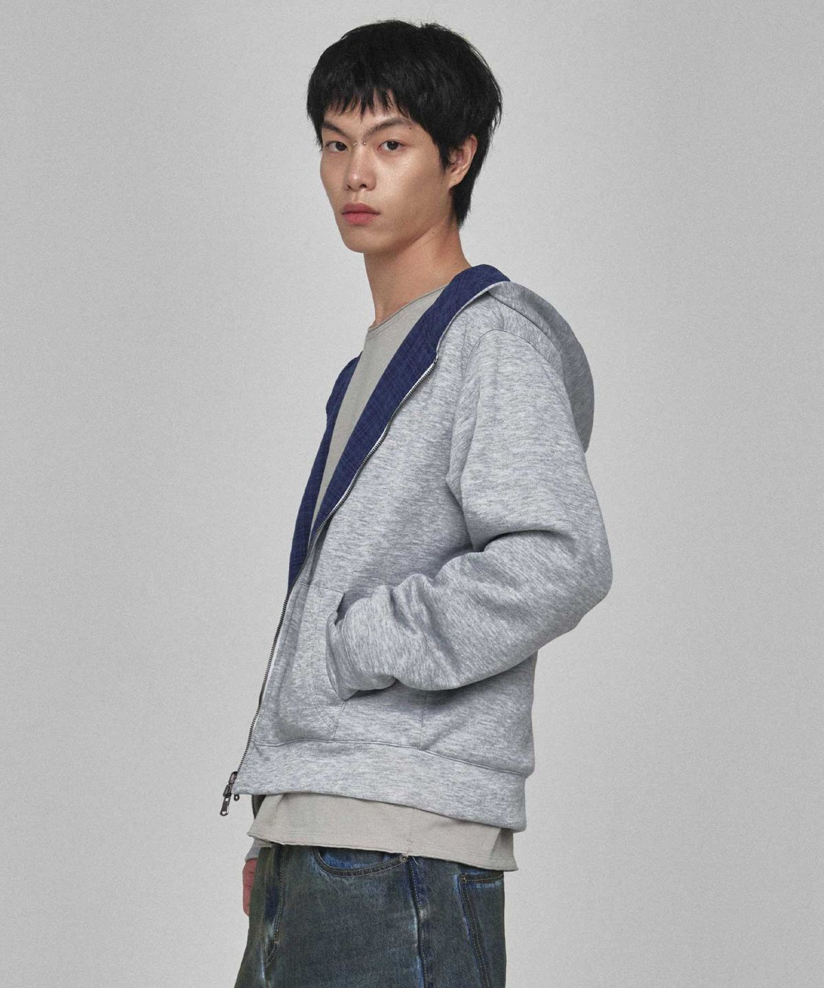기철(KICHUL) Hidden Check Reversible Hooded Jacket (Melange Grey)