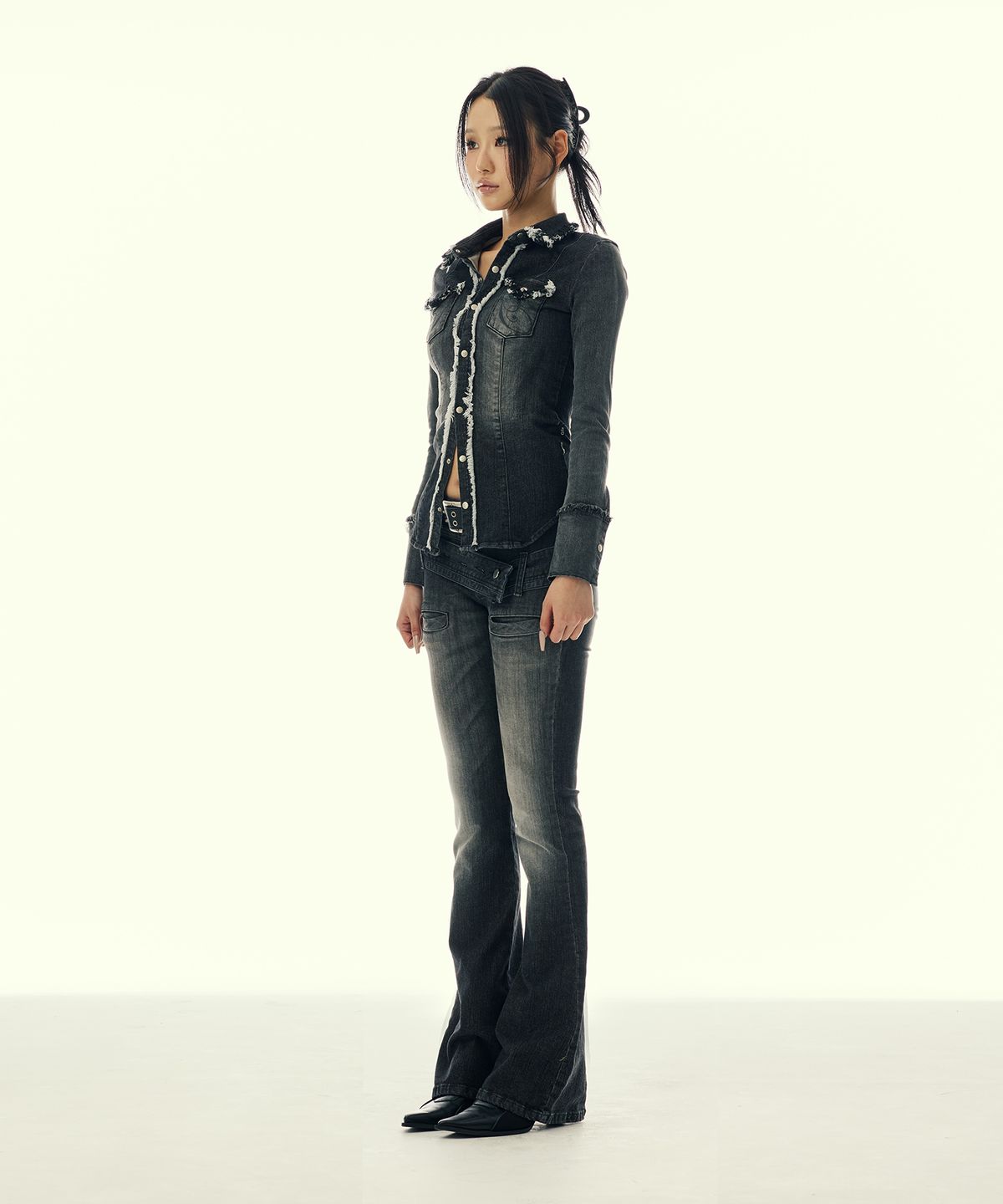 길라아카이브(GILAARCHIVE) RAW EDGE DENIM OPEN SHIRTS JACKET_BLACK