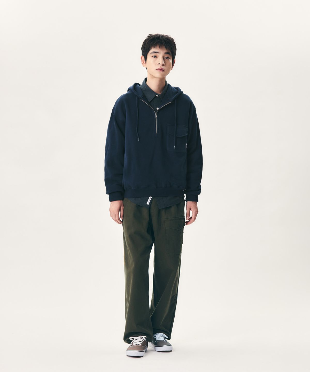 에스피오나지(ESPIONAGE) Retro Half Zip Sweat Hoodie Navy