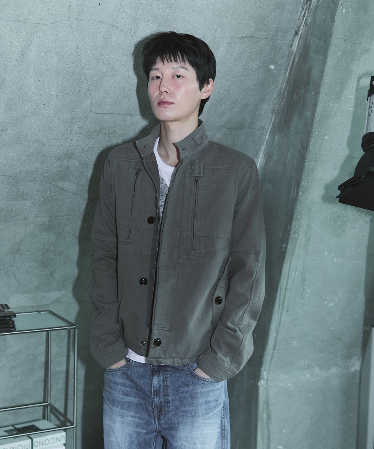 블루썬플라워(BLUESUNFLOWER) 빈티지 페이드 하이넥 자켓