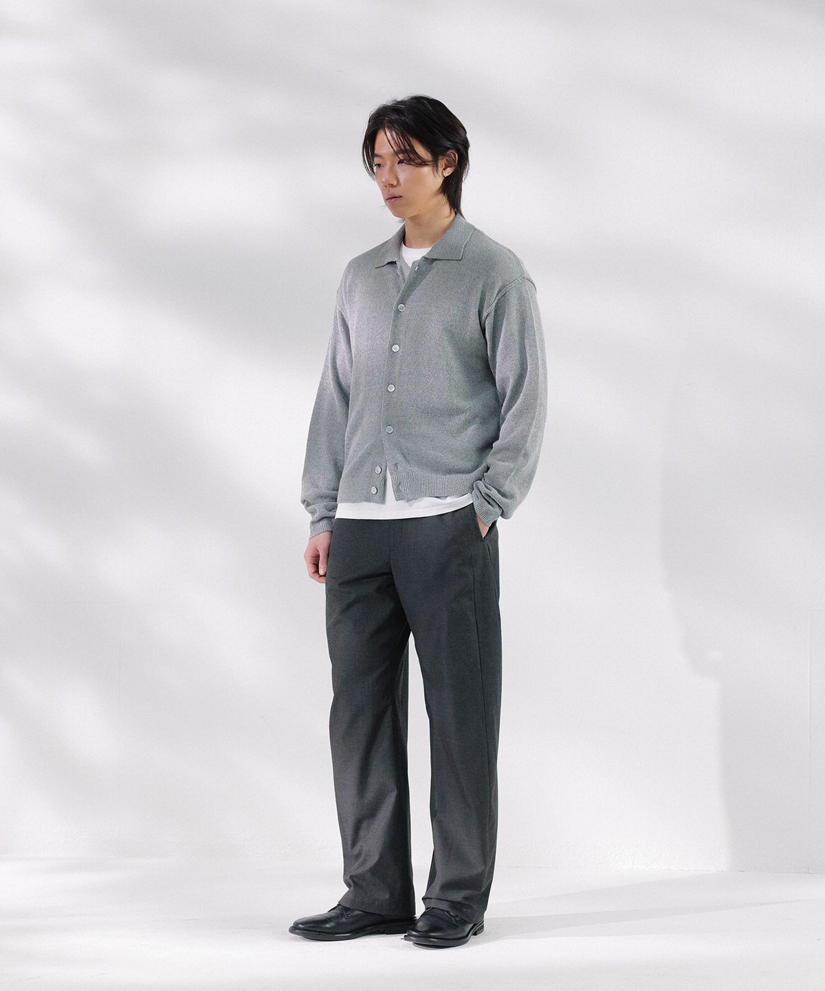 넌블랭크(NONBLANK) 크롭 카라 LS 가디건_MELANGE GREY