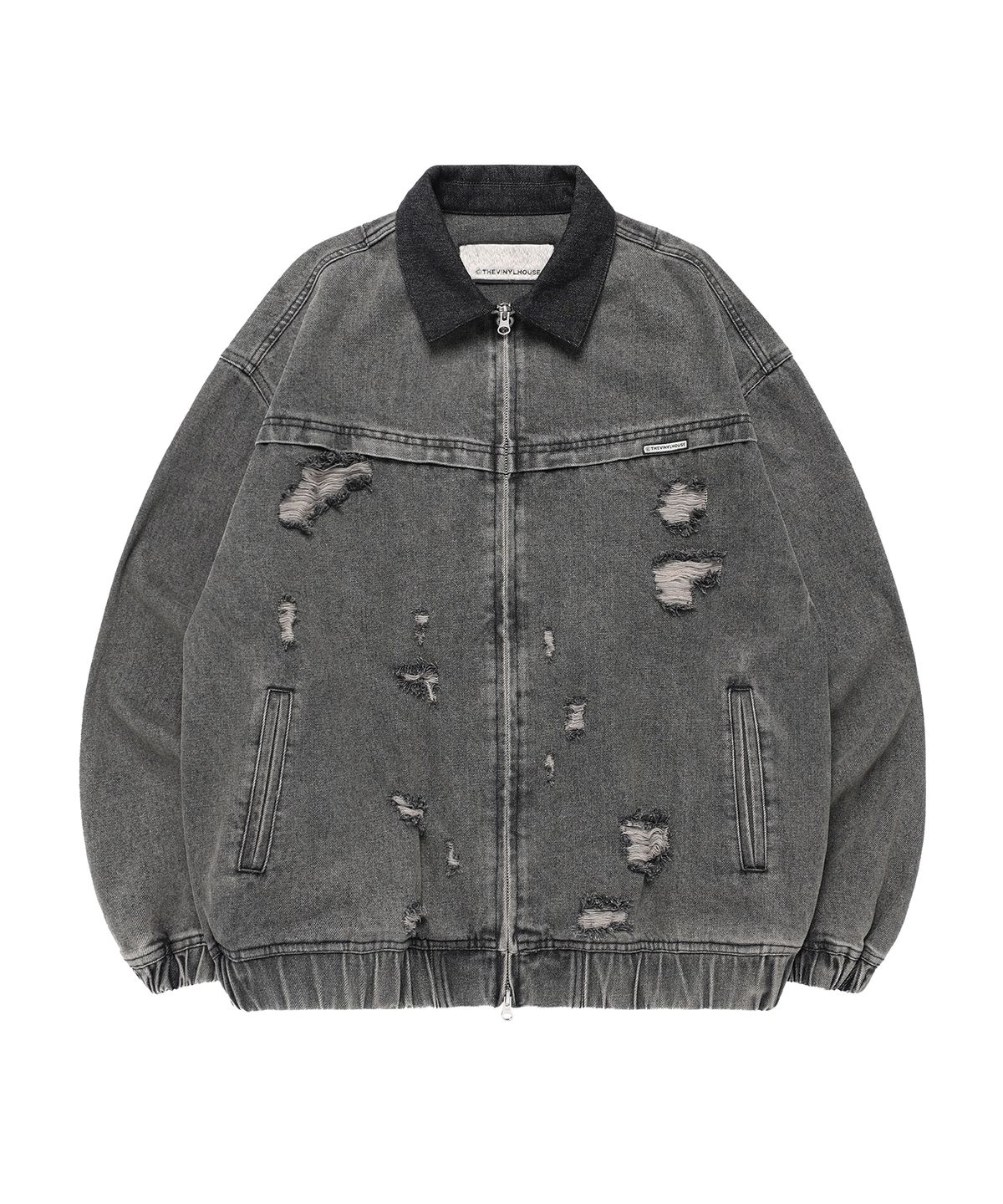 더바이닐하우스(THEVINYLHOUSE) DESTROYED DENIM ZIPUP JACKET BLACK