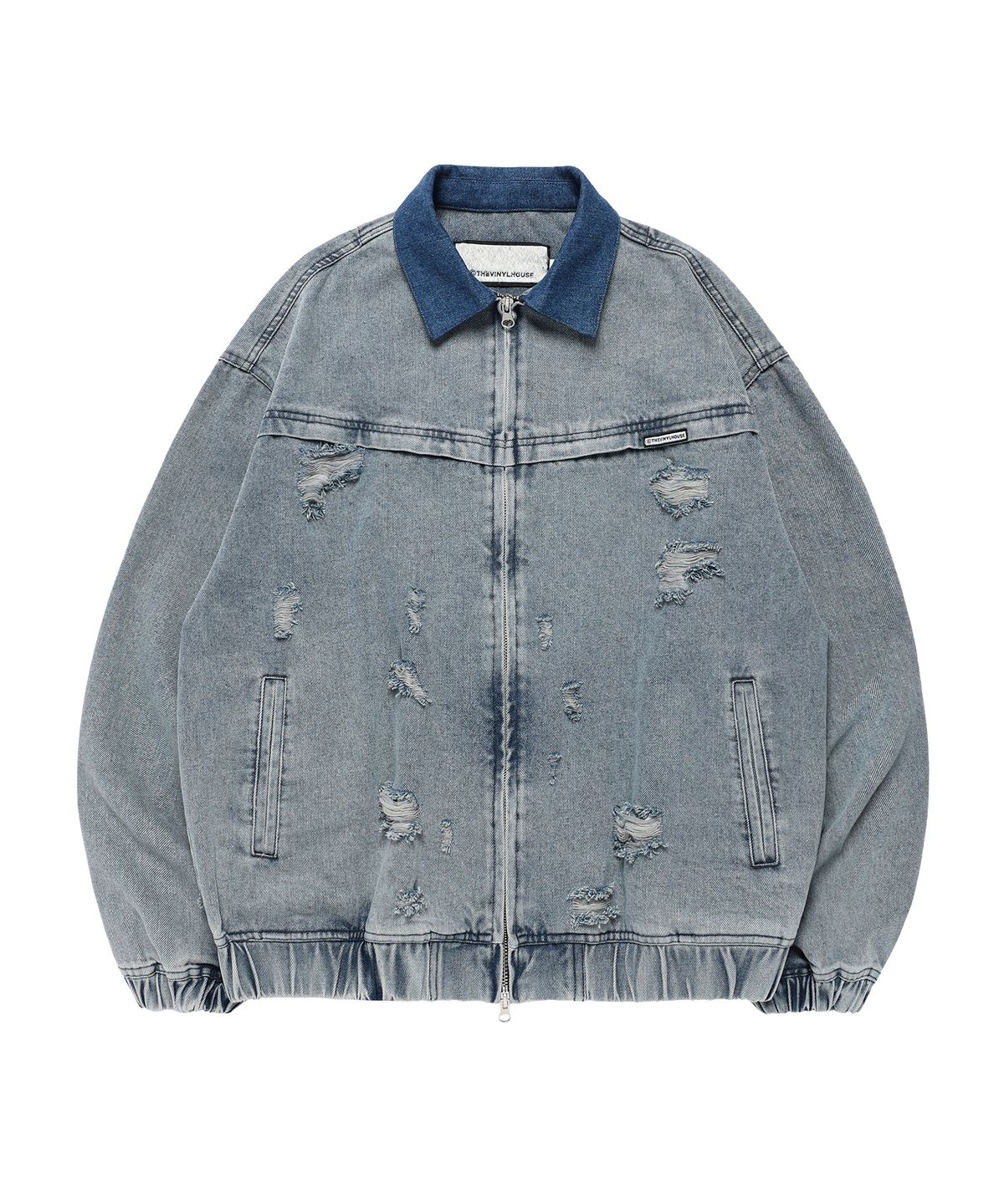 더바이닐하우스(THEVINYLHOUSE) DESTROYED DENIM ZIPUP JACKET LIGHT BLUE
