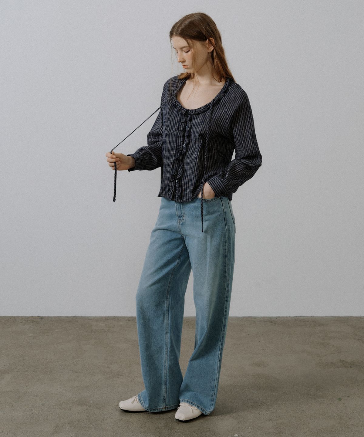 프리버07(FRIVER07) Check frill tie blouse [FRSP05BL05]_Navy