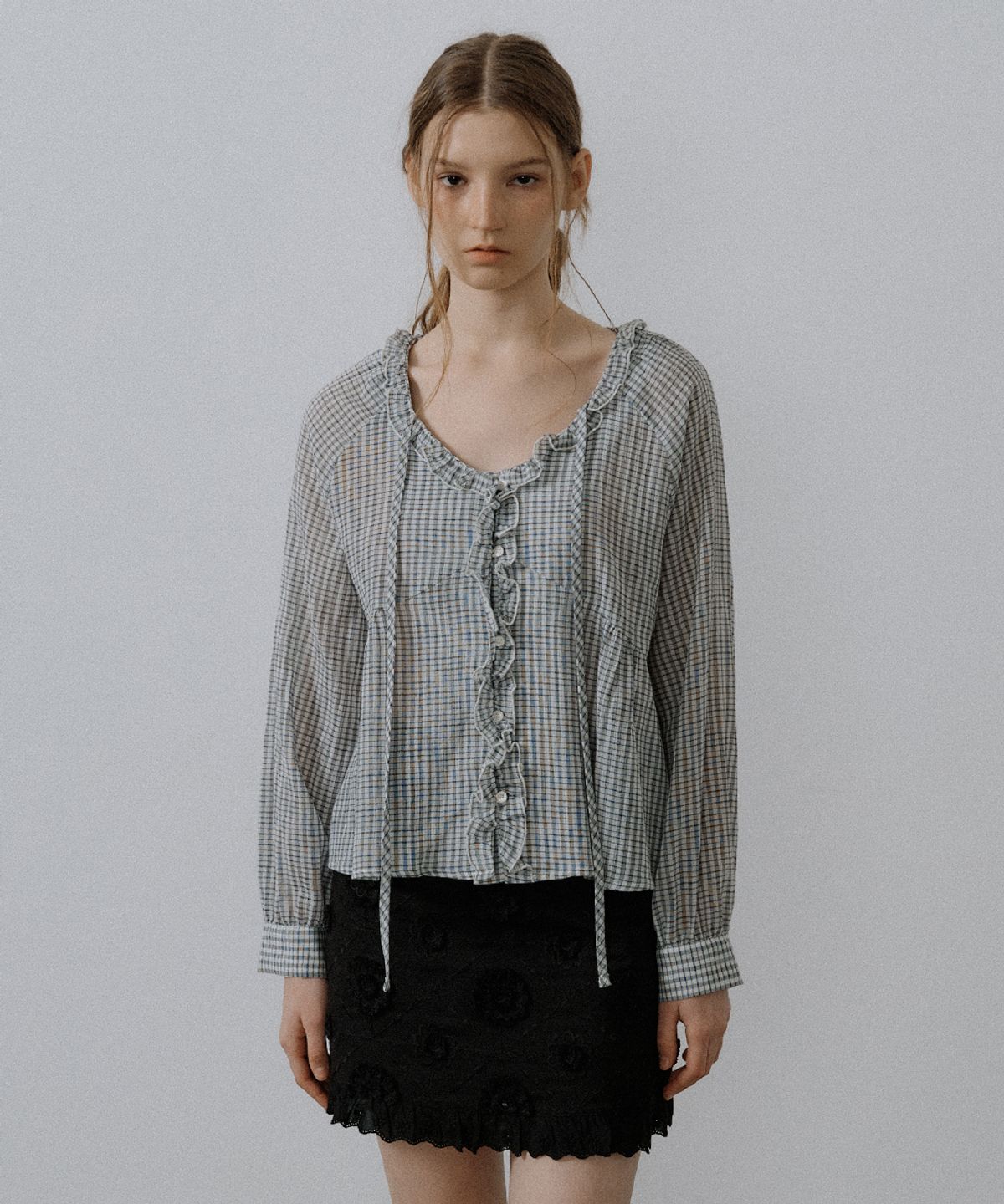 프리버07(FRIVER07) Check frill tie blouse [FRSP05BL04]_Ivory