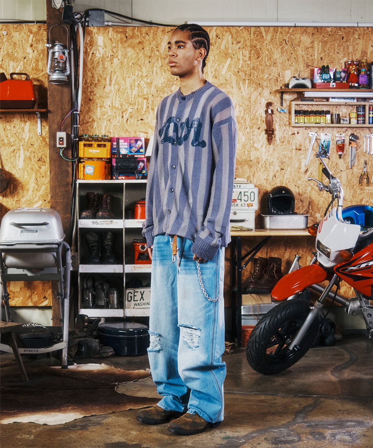 더바이닐하우스(THEVINYLHOUSE) NET MIXED GRUNGE CARDIGAN BLUE