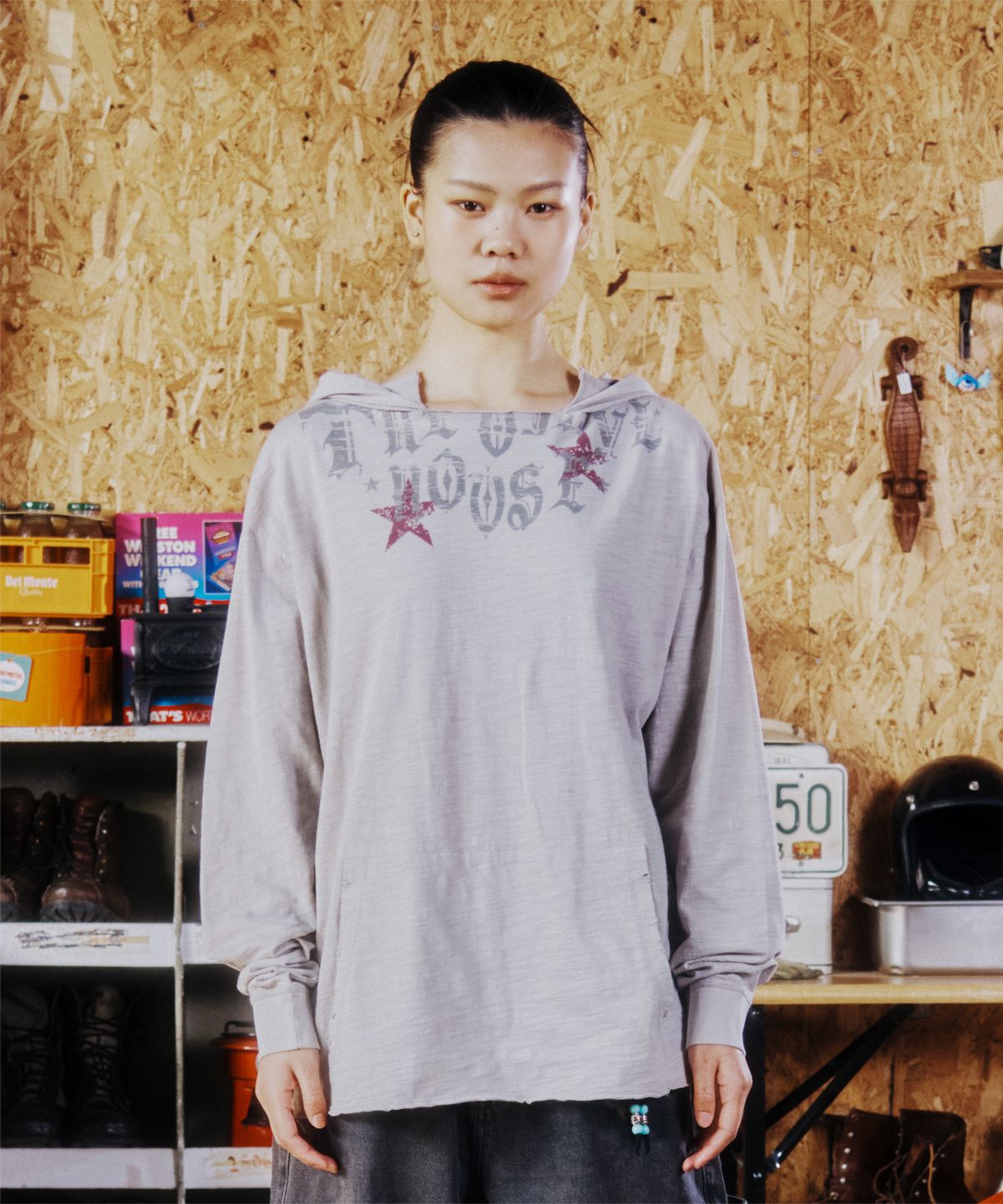 더바이닐하우스(THEVINYLHOUSE) CUT-OFF OVER SLUB HOODIE LS TEE (W) GREY