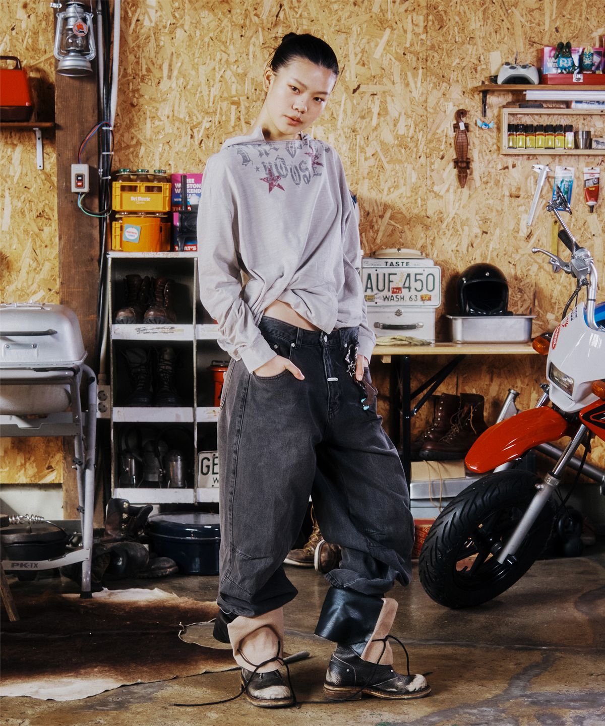 더바이닐하우스(THEVINYLHOUSE) CUT-OFF OVER SLUB HOODIE LS TEE (W) GREY