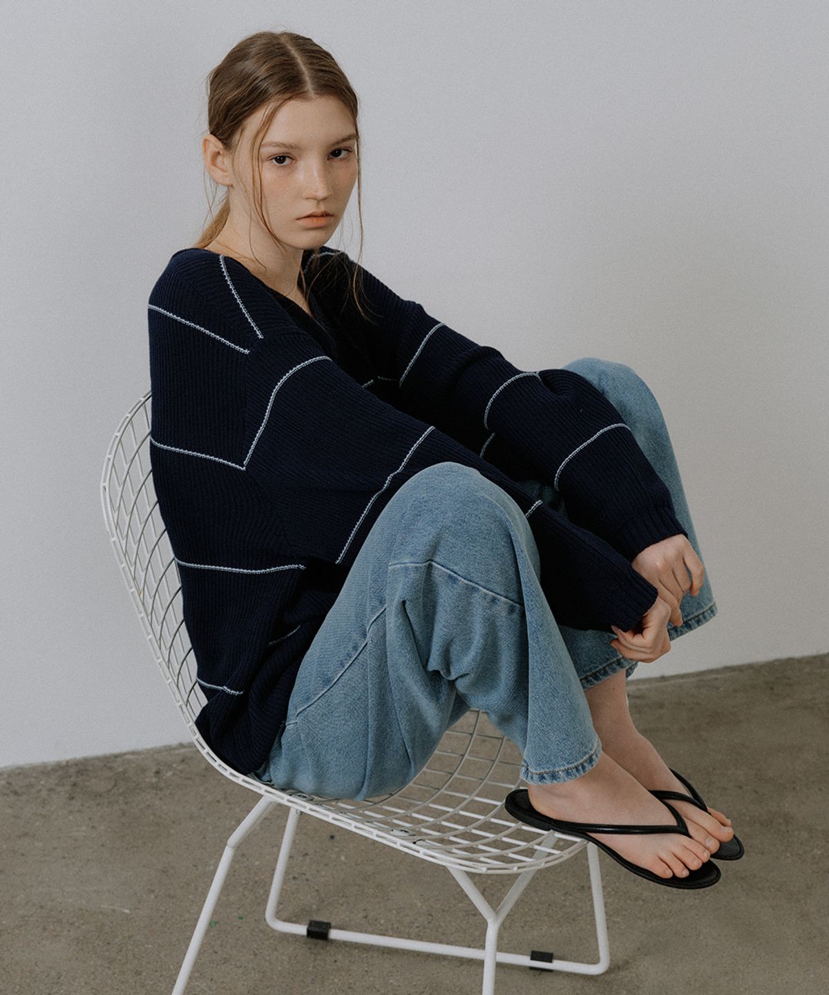 프리버07(FRIVER07) Overfit stripe v-neck knit [FRSP05NT04]_Navy