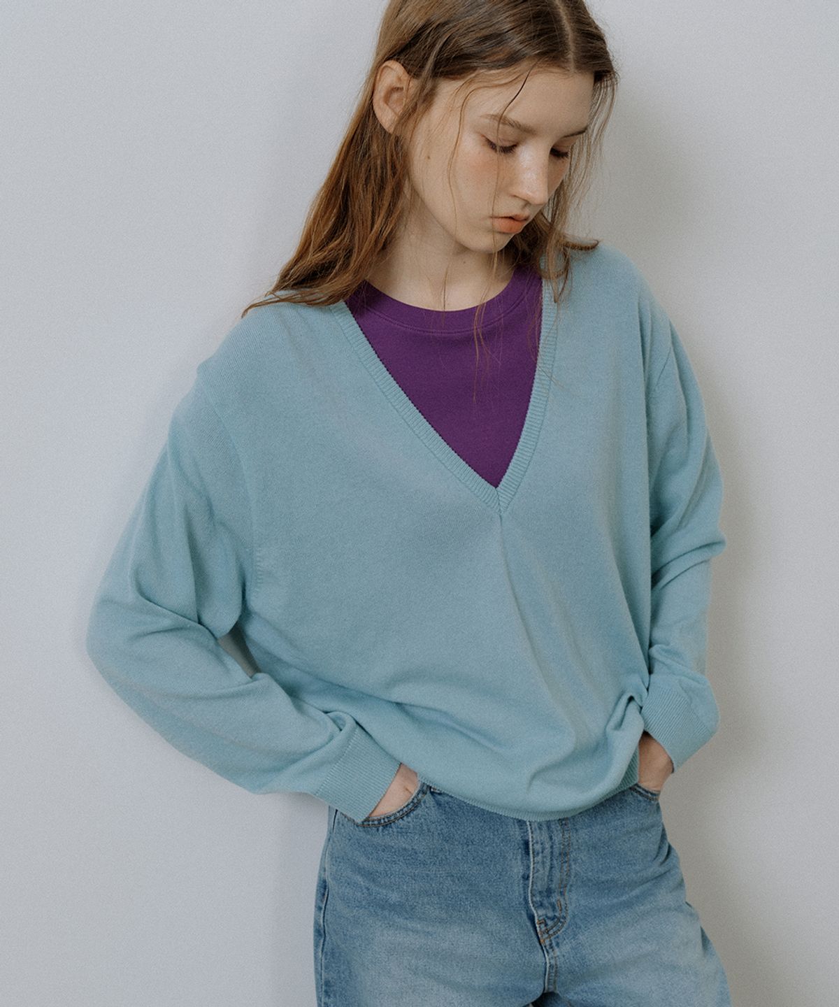 프리버07(FRIVER07) Fine wool deep v-neck knit [FRSP05NT05]_Sky blue