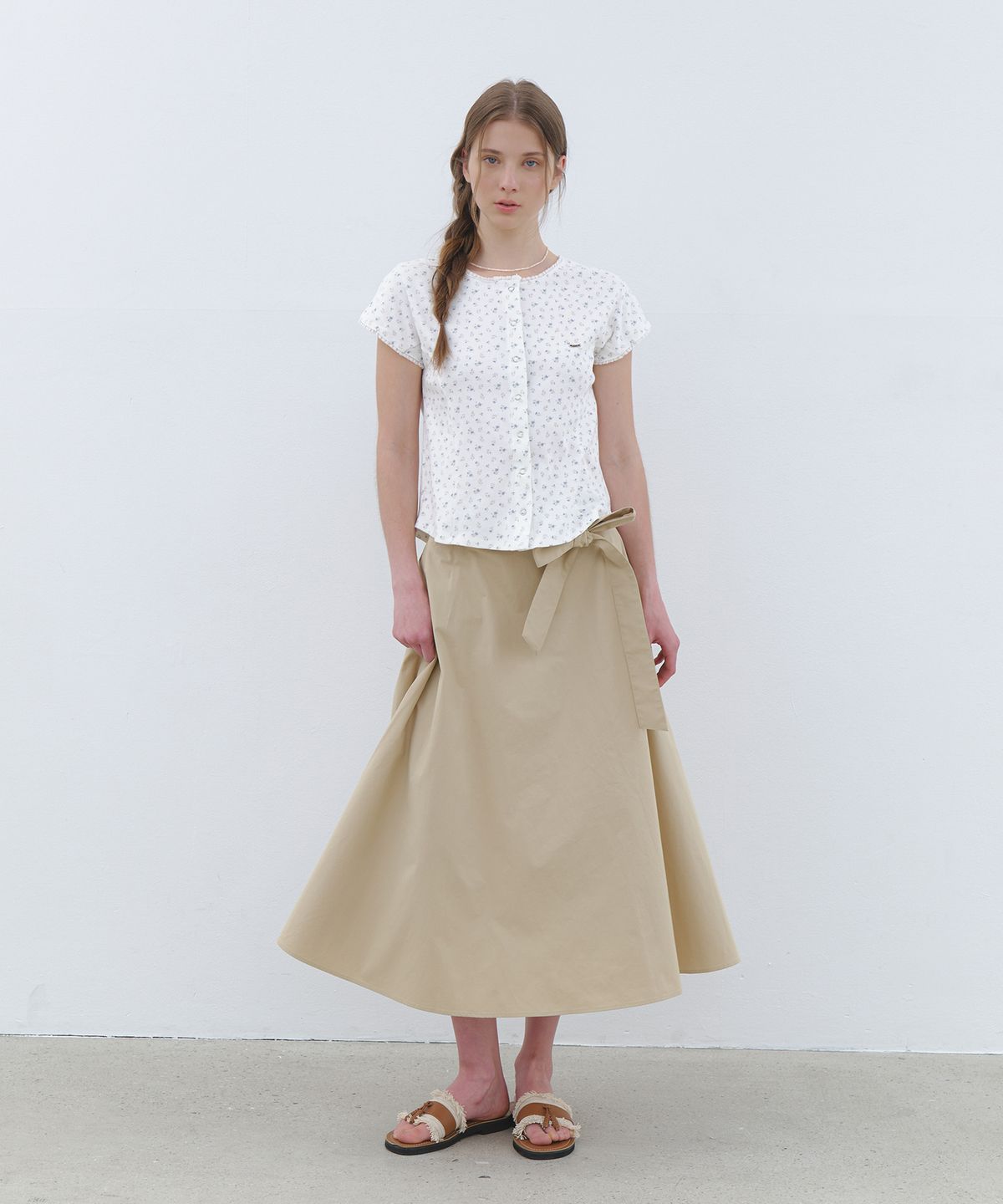 클루니(CLUNY) Wide tie flare long skirt - beige