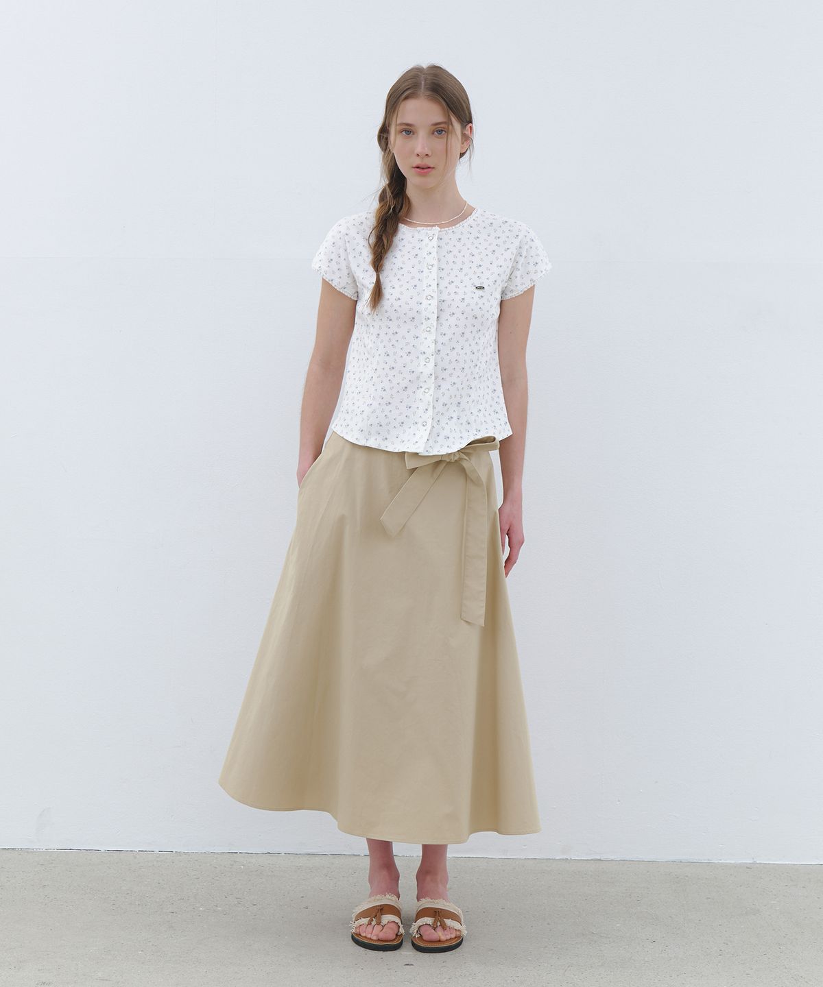 클루니(CLUNY) Wide tie flare long skirt - beige