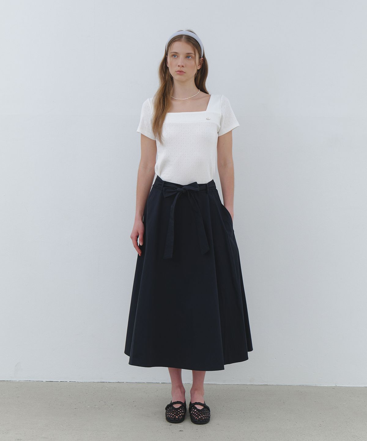 클루니(CLUNY) Wide tie flare long skirt - navy