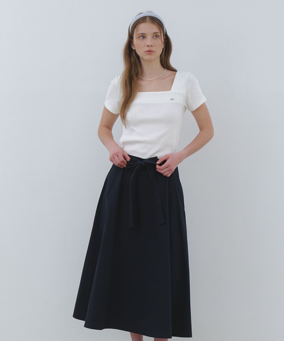 클루니(CLUNY) Wide tie flare long skirt - navy