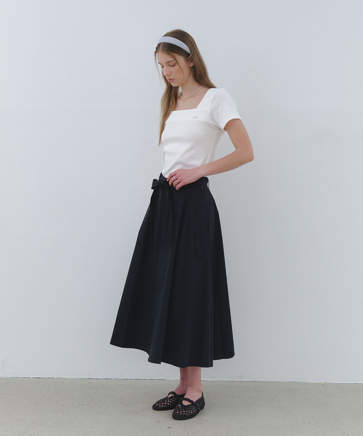클루니(CLUNY) Wide tie flare long skirt - navy
