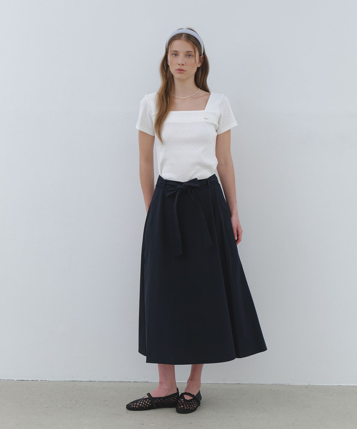 클루니(CLUNY) Wide tie flare long skirt - navy