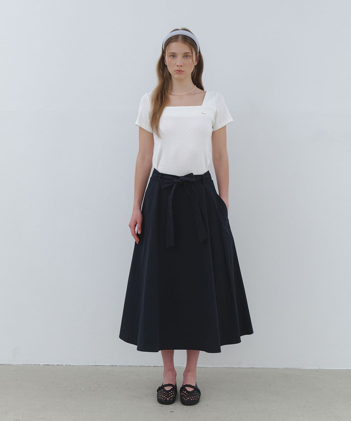 클루니(CLUNY) Wide tie flare long skirt - navy
