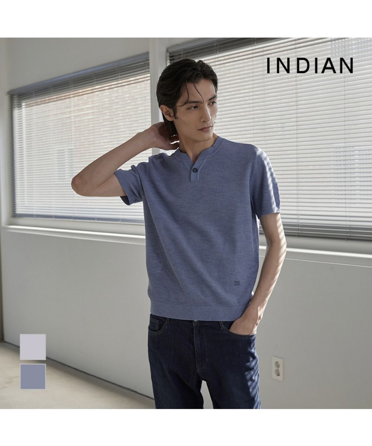 인디안(INDIAN) 솔리드 헨리넥 반팔 니트_MIEBR6M3131