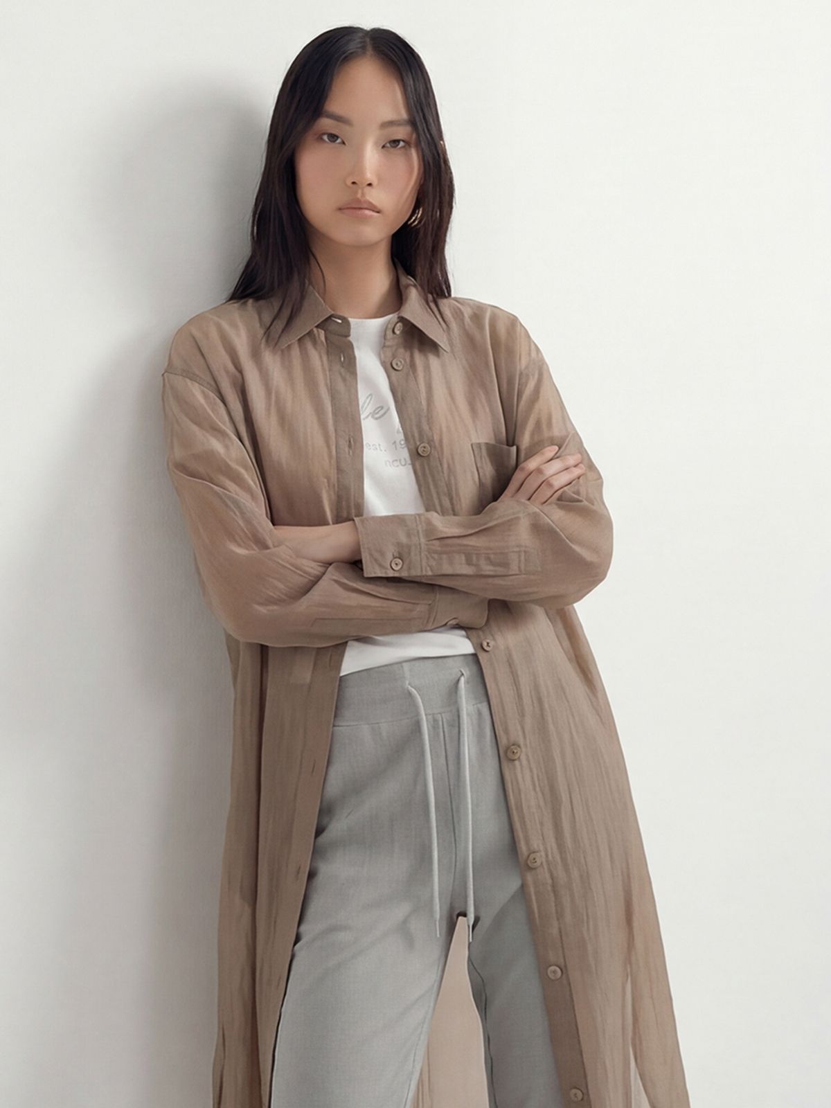 아쿠드(ACUD) Sheer Nylon Long Shirt _Carmel