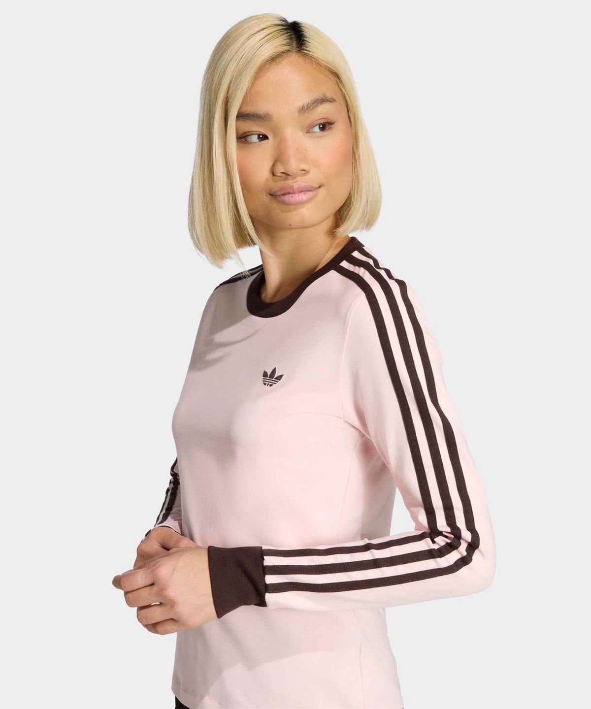 아디다스(ADIDAS) 3-스트라이프 롱 슬리브 슬림 핏 티셔츠 - 샌디핑크:아우라커피 / KC9015