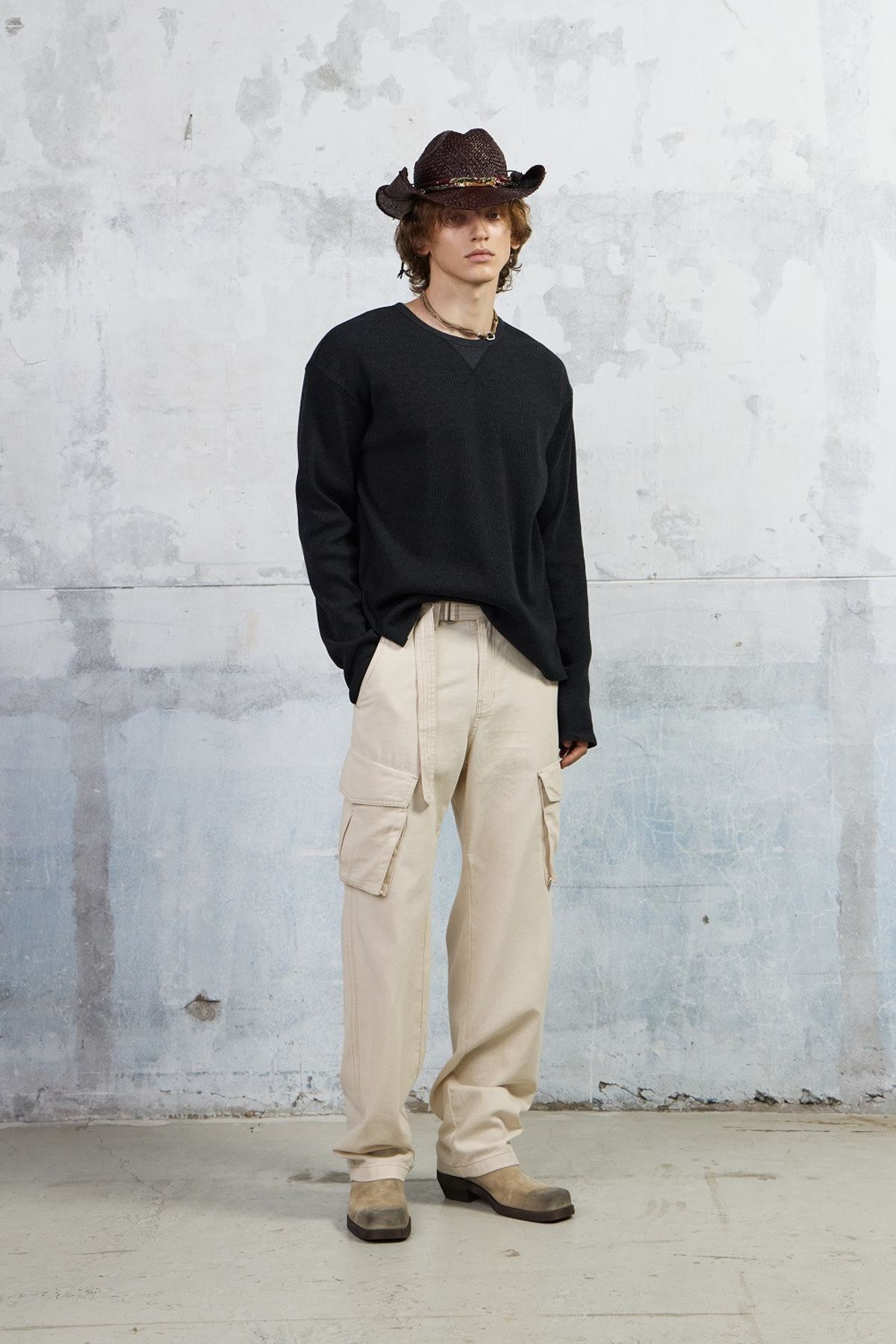 쿠메(KUMÉ) Men Waffle Jersey Long Sleeves T-shirt, Charcoal