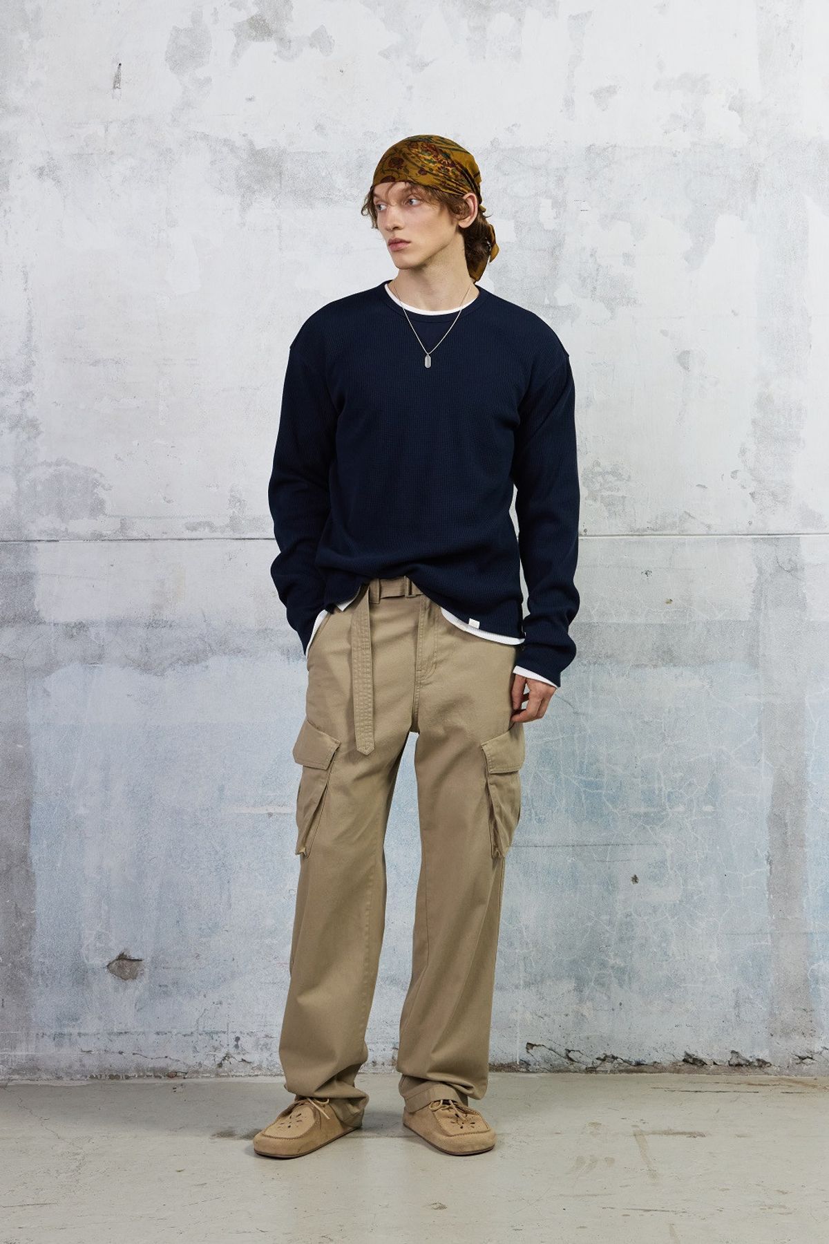 쿠메(KUMÉ) Men Waffle Jersey Long Sleeves T-shirt, Navy