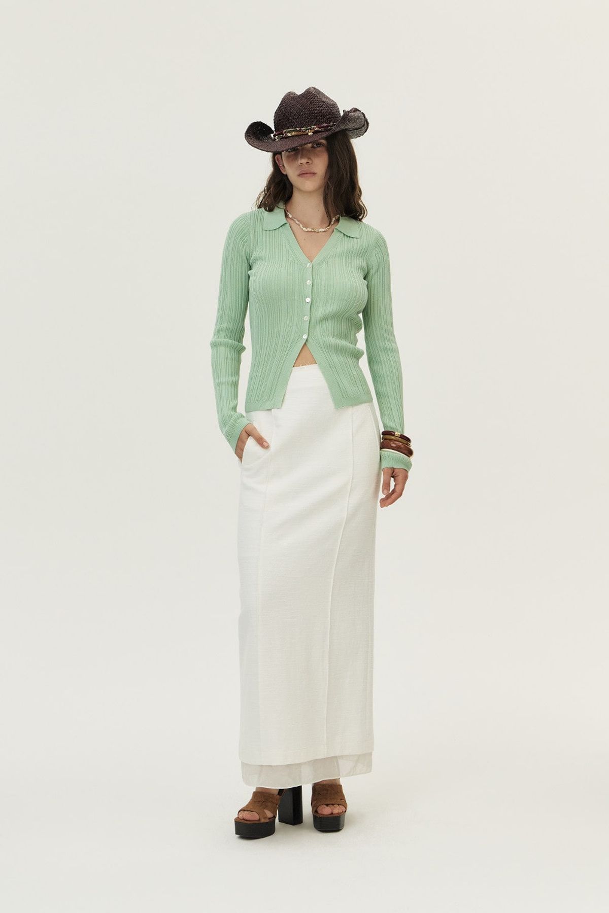 쿠메(KUMÉ) Ribbed Pleated Collared Cardigan, Mint