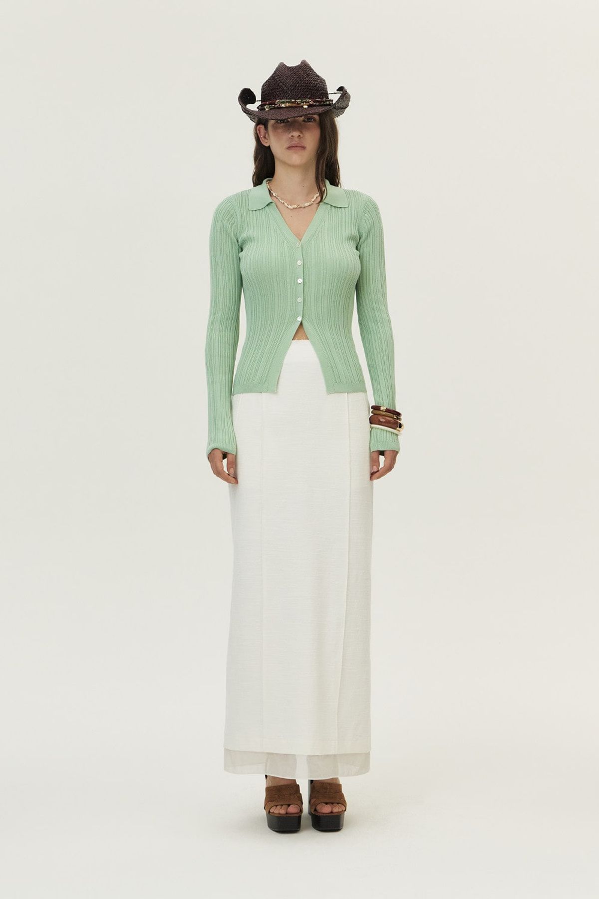 쿠메(KUMÉ) Ribbed Pleated Collared Cardigan, Mint