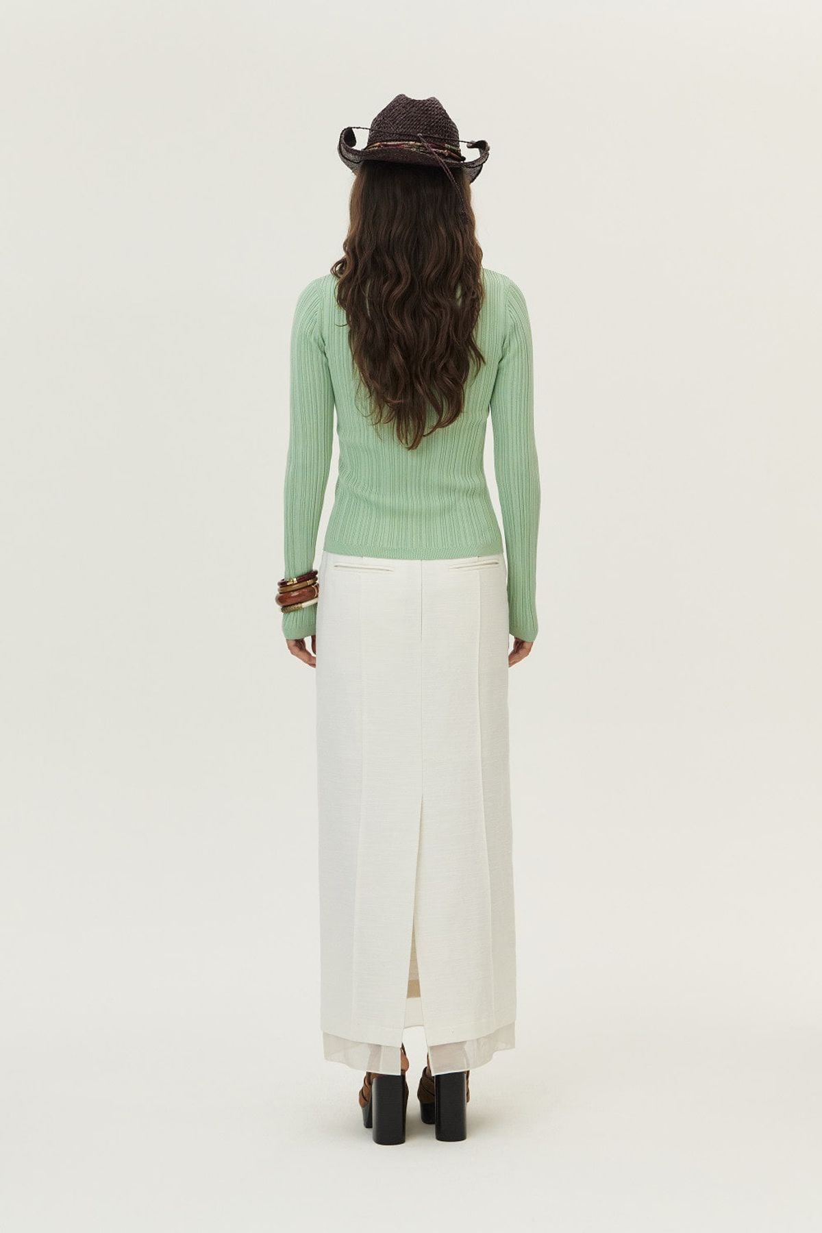 쿠메(KUMÉ) Ribbed Pleated Collared Cardigan, Mint