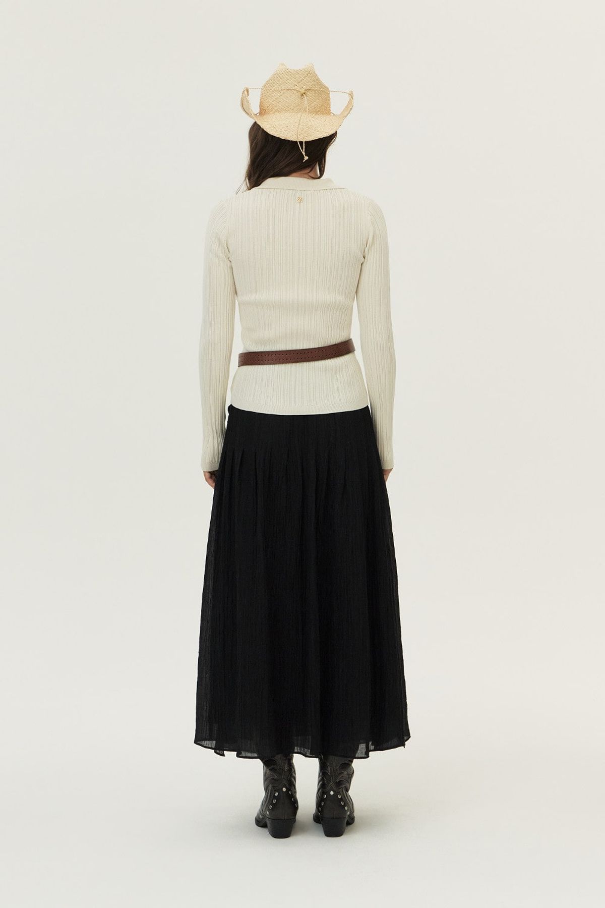 쿠메(KUMÉ) Ribbed Pleated Collared Cardigan, Ivory