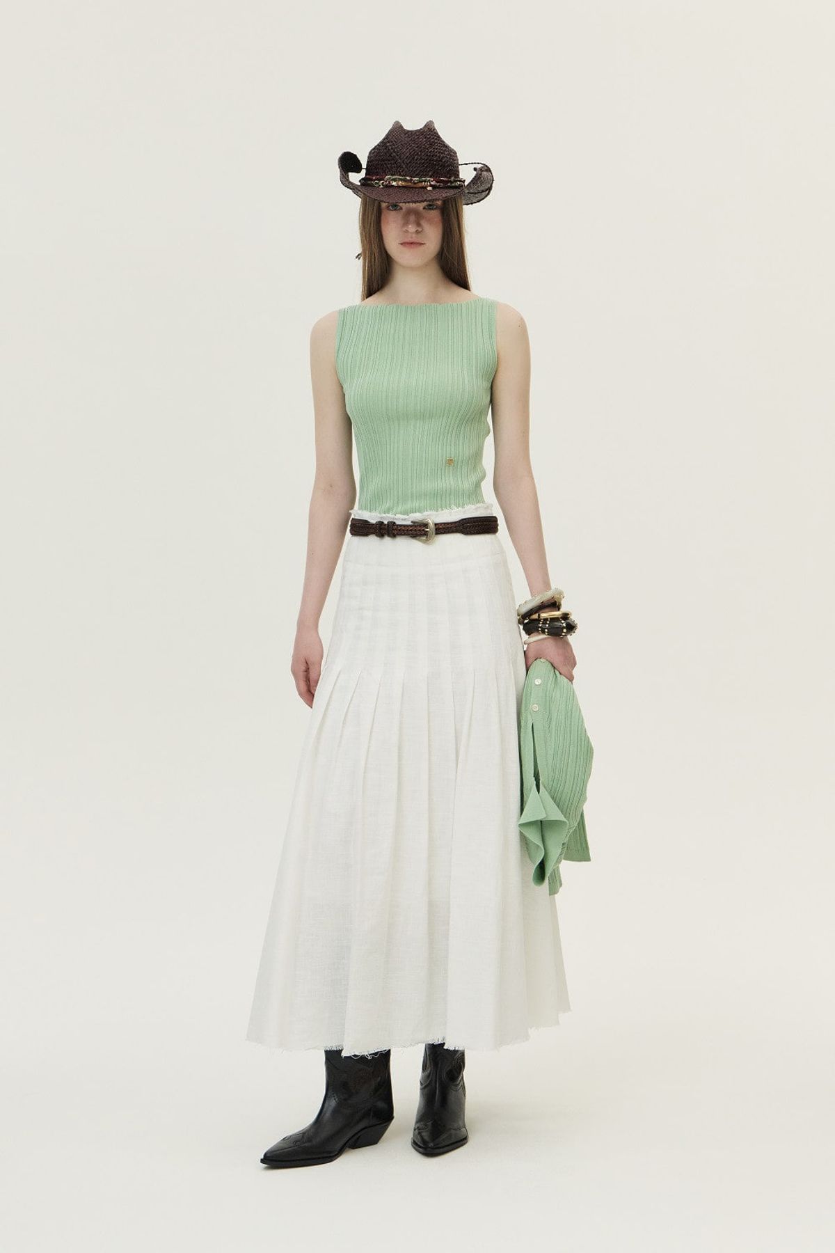 쿠메(KUMÉ) Ribbed Pleated Sleeveless Sweater, Mint