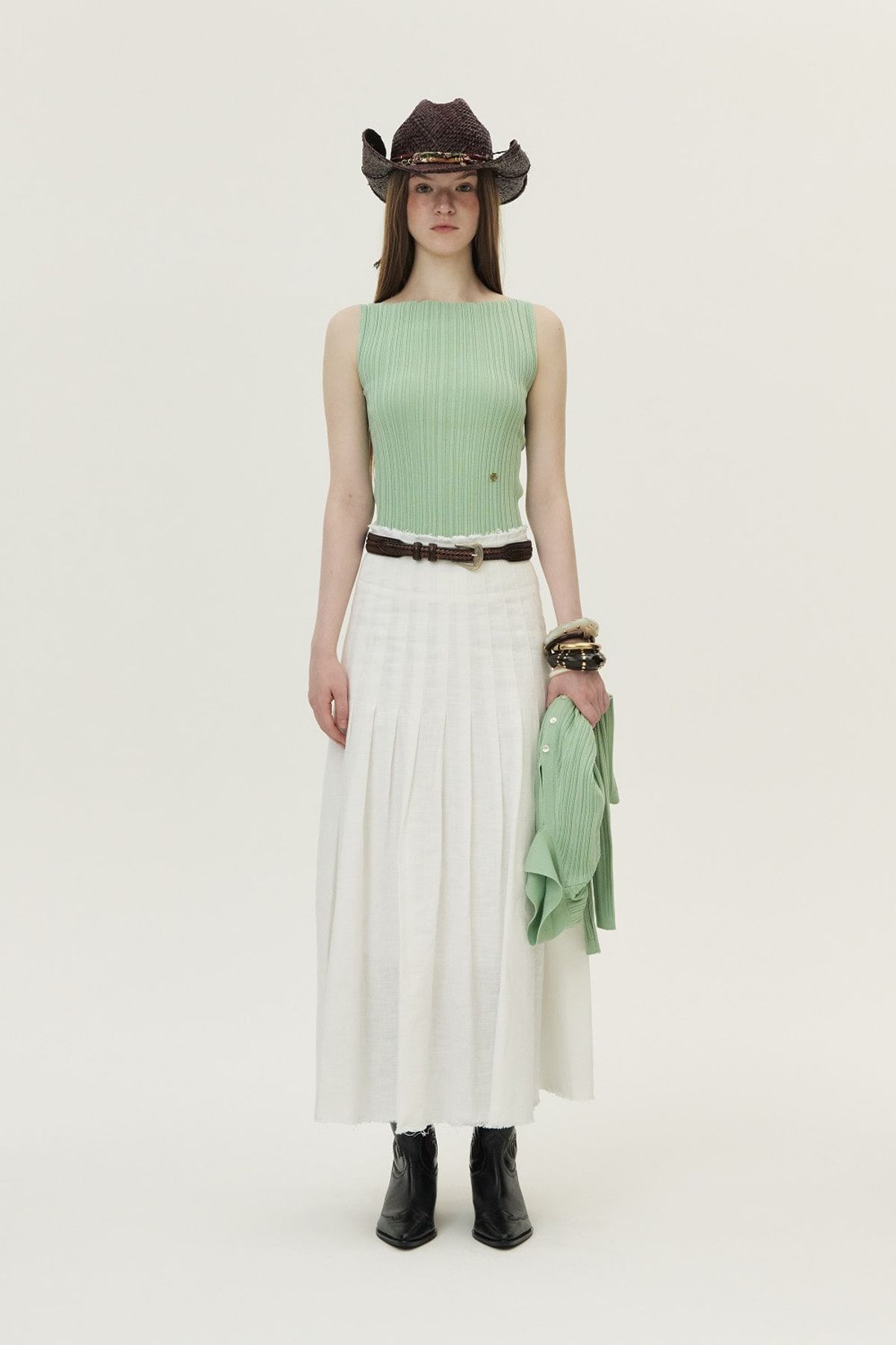 쿠메(KUMÉ) Ribbed Pleated Sleeveless Sweater, Mint