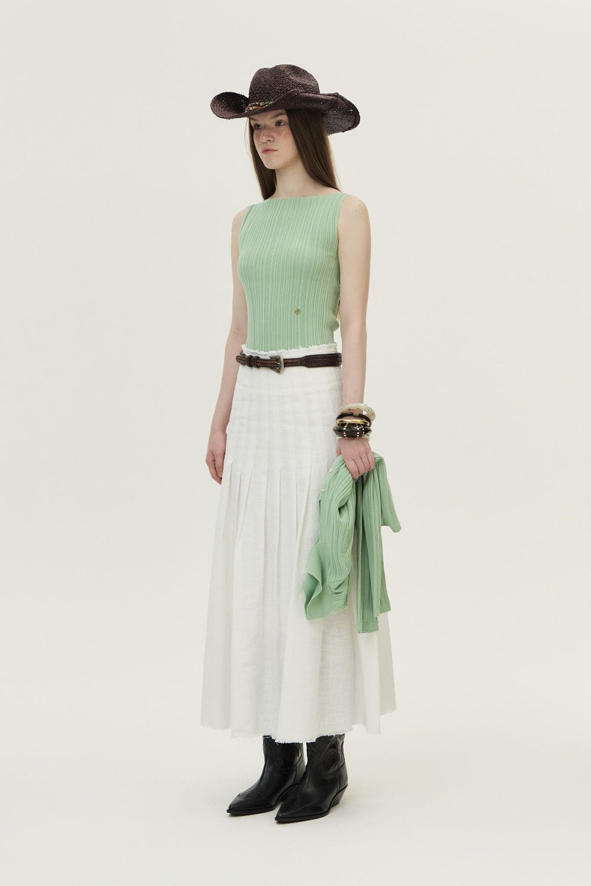 쿠메(KUMÉ) Ribbed Pleated Sleeveless Sweater, Mint