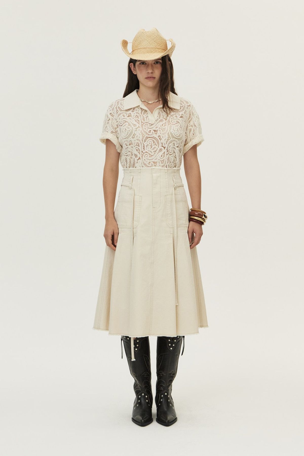 쿠메(KUMÉ) Front Pocket Pleated Cotton Skirt, Ecru